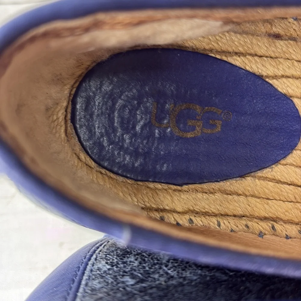 UGG SANDRINNE METALLIC LEATHER BASKET WEAVE BLUE ESPADRILLE